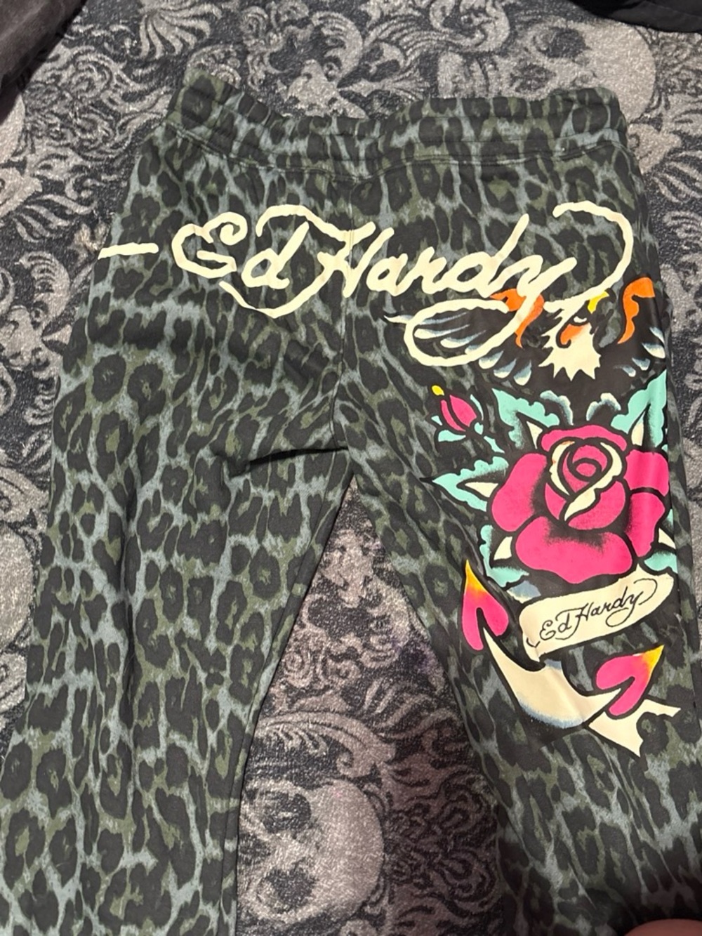 Ed Hardy Girls' Green Leopard Print Joggers with Floral Graphic